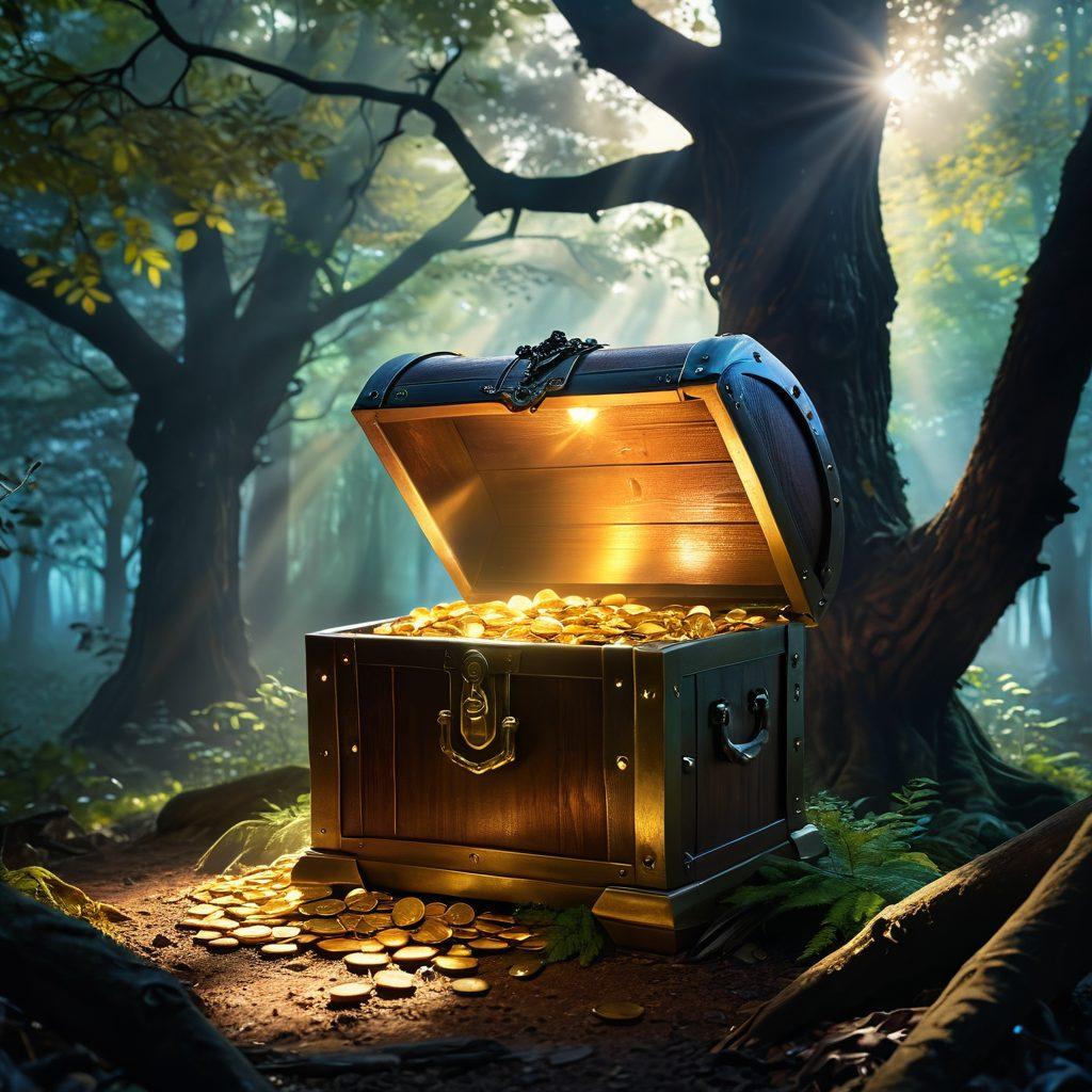 A treasure chest overflowing with gold coins and shining jewels, surrounded by a misty forest filled with ancient trees and hidden pathways. In the background, a silhouette of a person holding a key, symbolizing discovery and recovery. Soft rays of sunlight break through the trees, creating an ethereal quality. Enchanting and mystical atmosphere. super-realistic. vibrant colors.