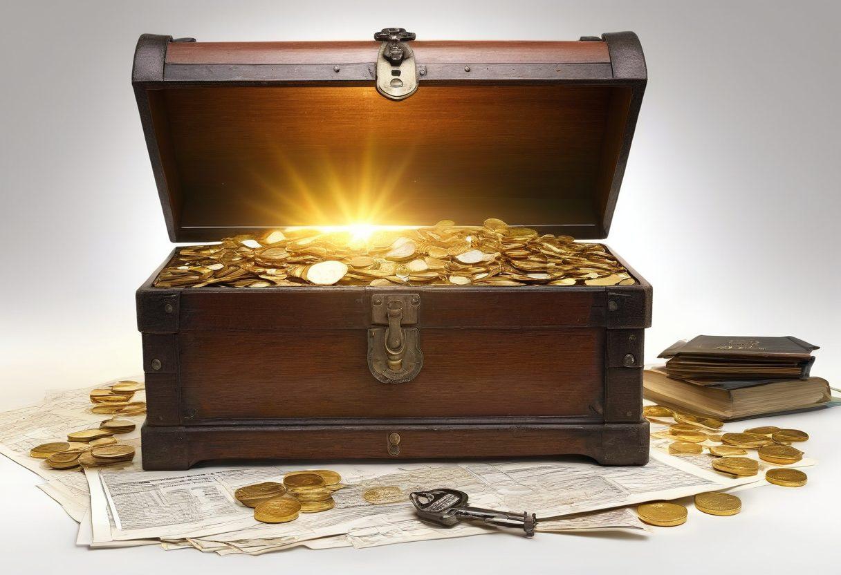 A treasure chest overflowing with gold coins and sparkling jewels, surrounded by documents and old keys symbolizing forgotten funds. In the background, a confident person dressed in business attire examines a map that represents financial strategies. The scene is illuminated by rays of light, suggesting discovery and enlightenment. The overall ambiance conveys wealth and opportunity. super-realistic. vibrant colors. white background.
