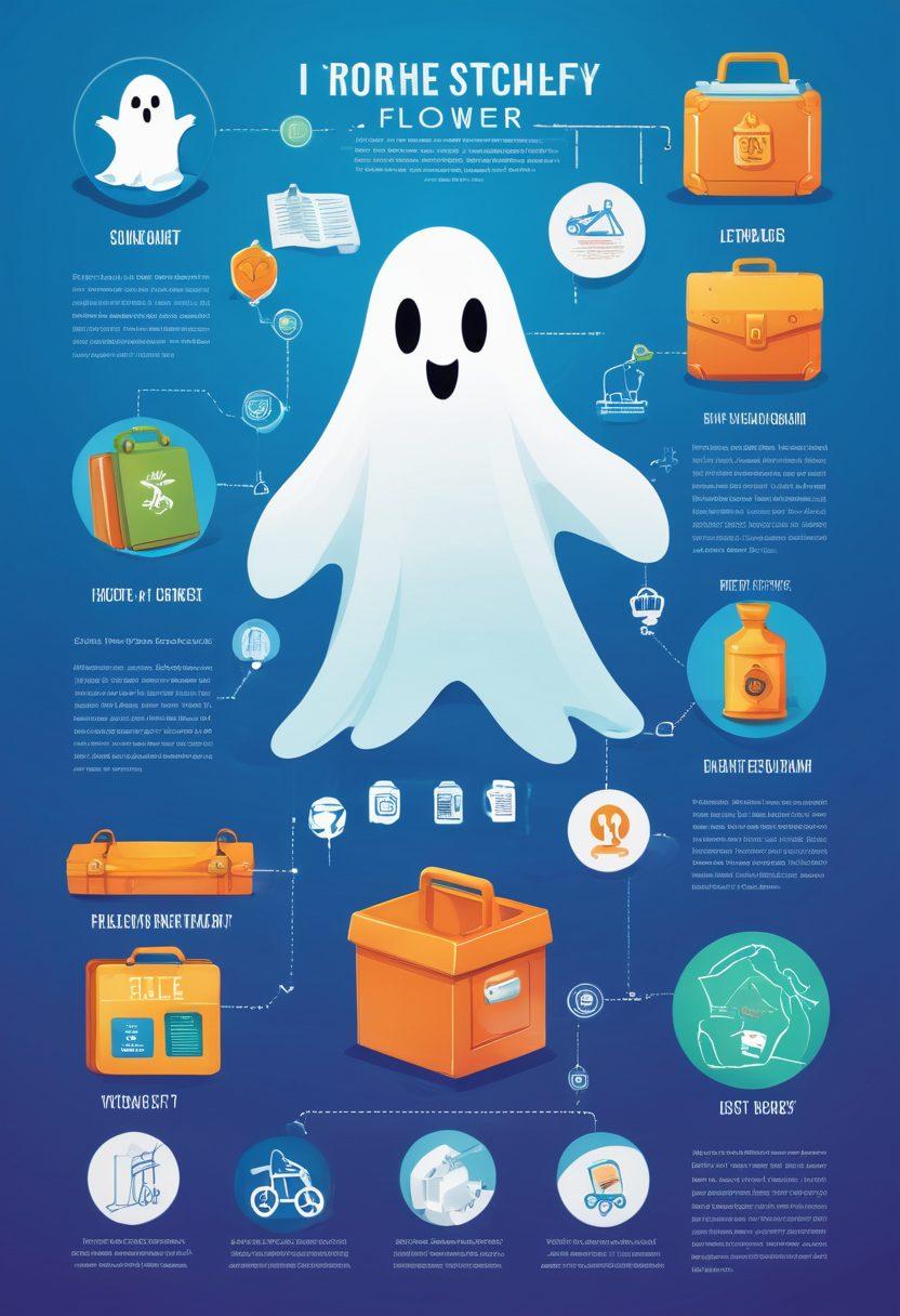 A detailed infographic showcasing a step-by-step flowchart for lost property recovery, featuring icons for filing reports, searching online databases, visiting local police stations, and connecting with lost and found departments. Use a clean and modern design with vibrant colors to illustrate each step, incorporating symbols like magnifying glasses, maps, and lost item posters. Include a friendly ghost character guiding the viewer through the process. vector art. vibrant colors. clean background.